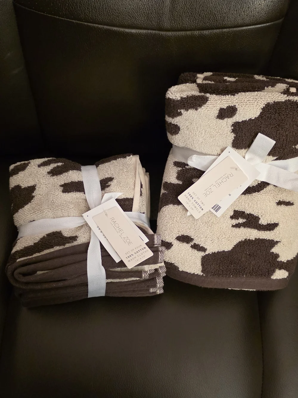 Rachel Zoe Set of 2 Brown & Cream Cow Print Towels